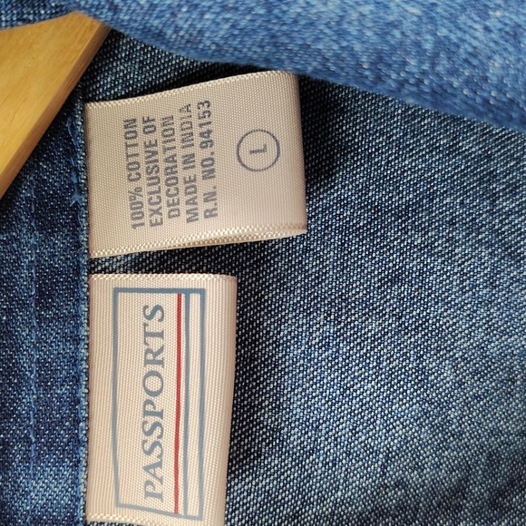 Vintage Passport Fall Leaf Themed Jean Jacket Size L Button Up Embroidery Cotton - Picture 6 of 7